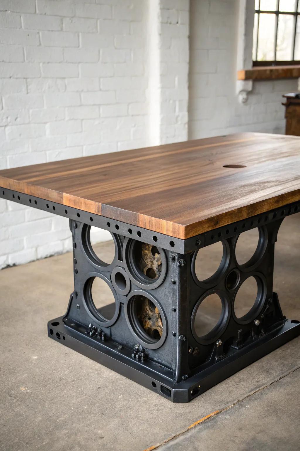 Warm walnut top meets a bold, engine-inspired steel base—industrial edge with Nordic calm.