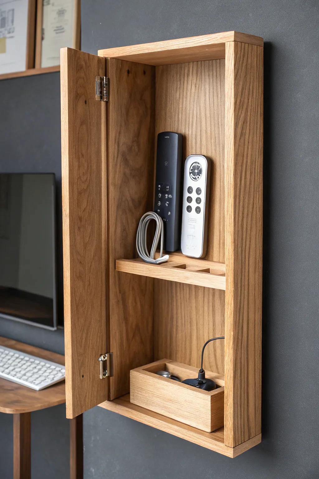 A hinged walnut wall panel opens to sleek hidden storage—perfect for a tidy, stylish man cave.