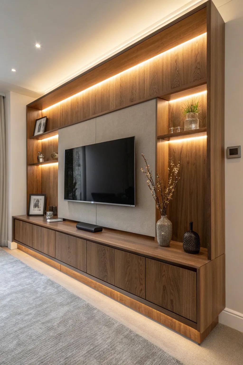 Walnut TV wall with hidden routed LED halos—clean shelves, soft glow, high-contrast drama.
