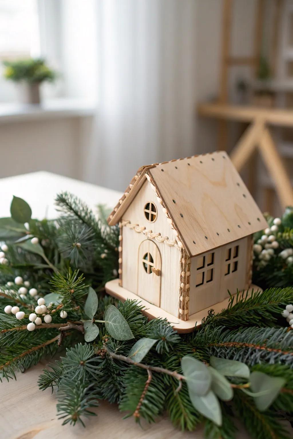 A tiny handmade wood house tucked into a lush garland—simple, cozy, and striking.