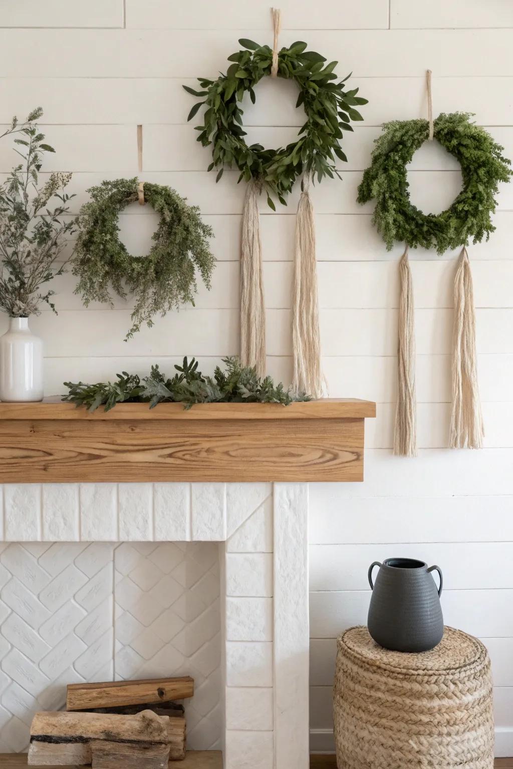 Try a mini wreath cluster—three small greenery hoops for a chic, gallery-style mantel.