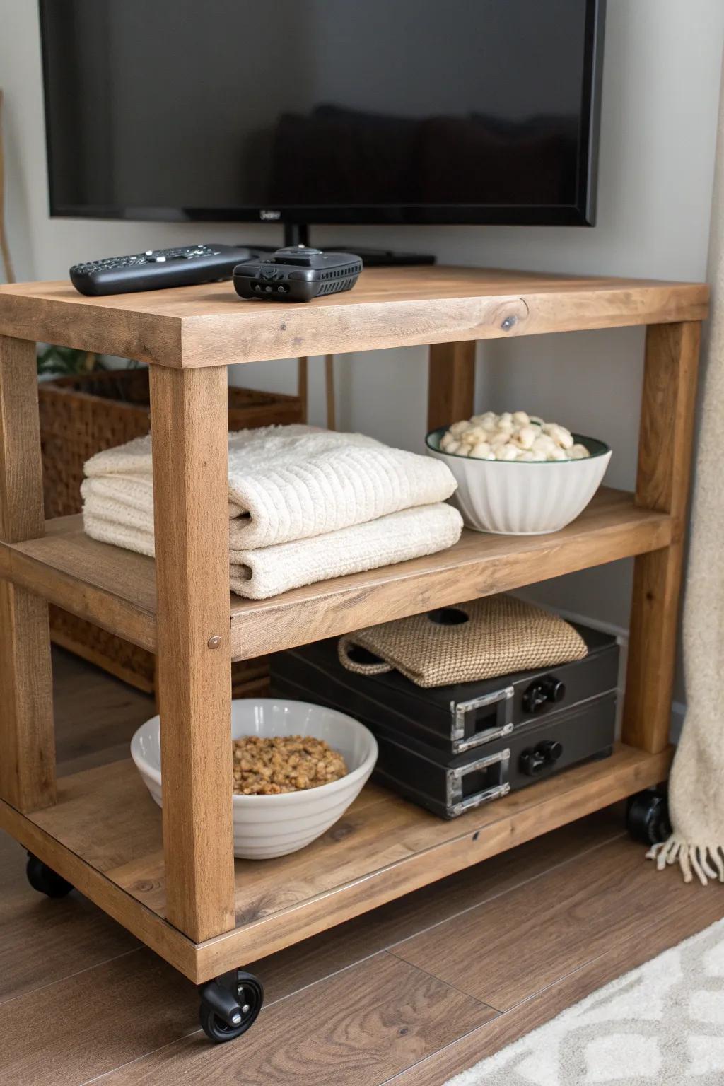 Reclaimed-wood rolling cart with locking casters—snacks, controllers, and blankets, always within reach.