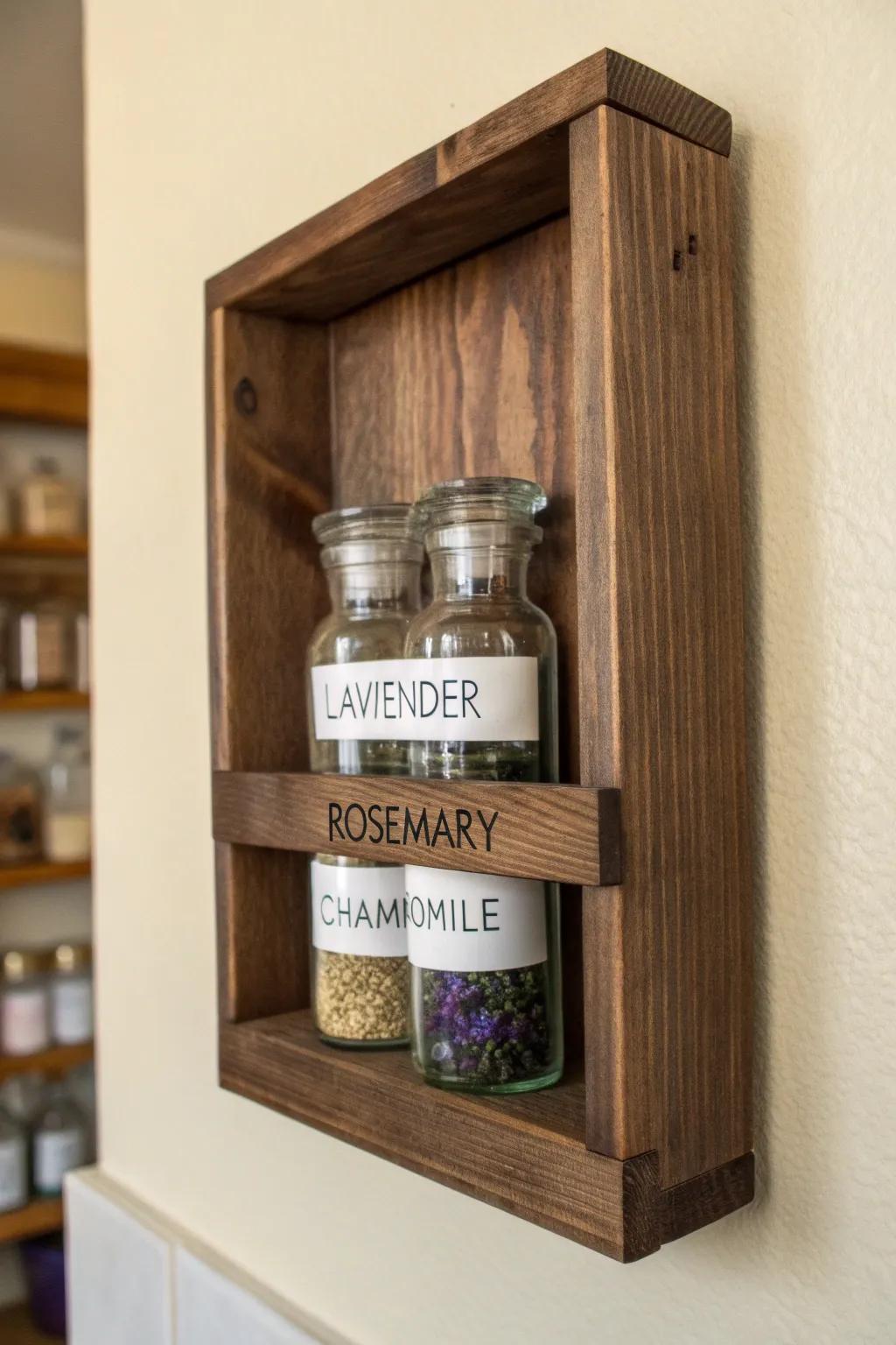 Dark-stained apothecary shelf with labeled glass jars and herbs—minimal, medieval, enchanting.