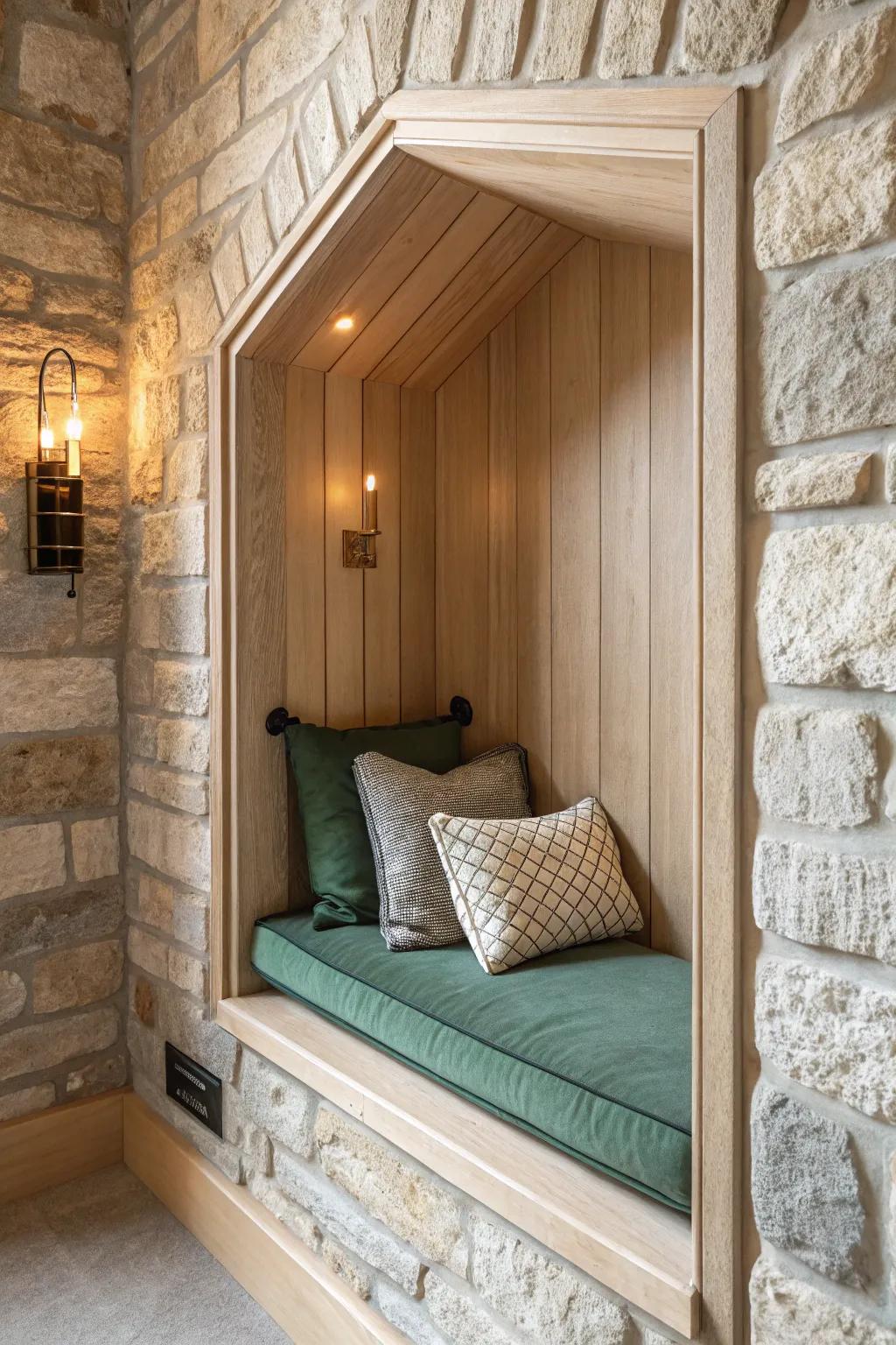 A secret arrow-slit nook—oak, stone texture, and an emerald cushion for medieval calm.