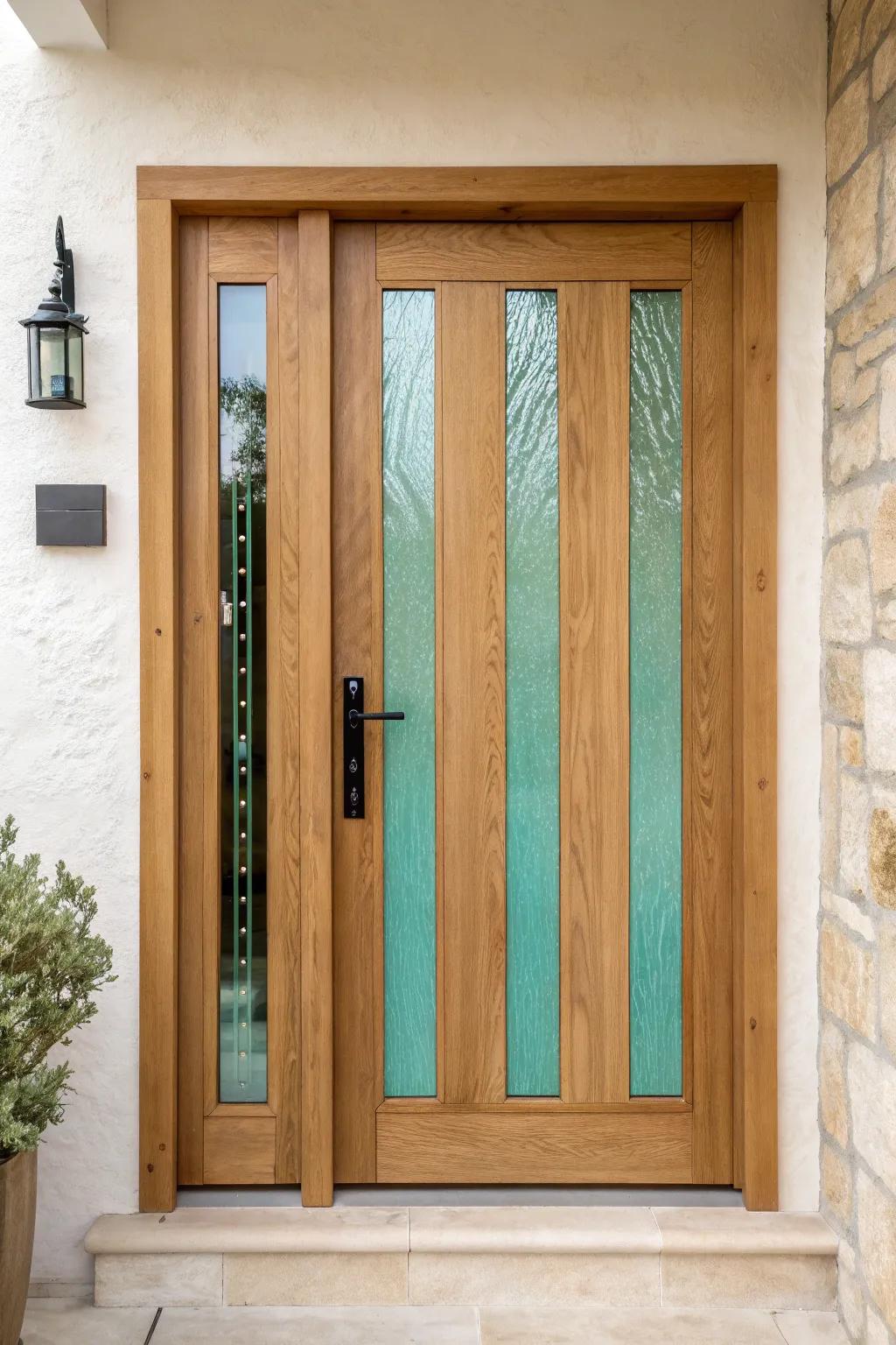 Sea-glass resin windows and wrought iron accents turn this warm wood door into a wow moment.