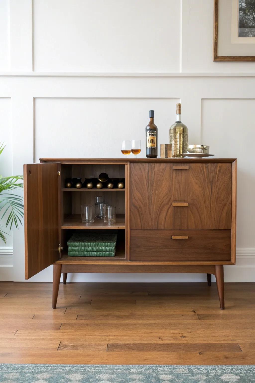 Sleek walnut on the outside, a secret felt-lined cocktail bar within—mid-mod style with bold contrast.