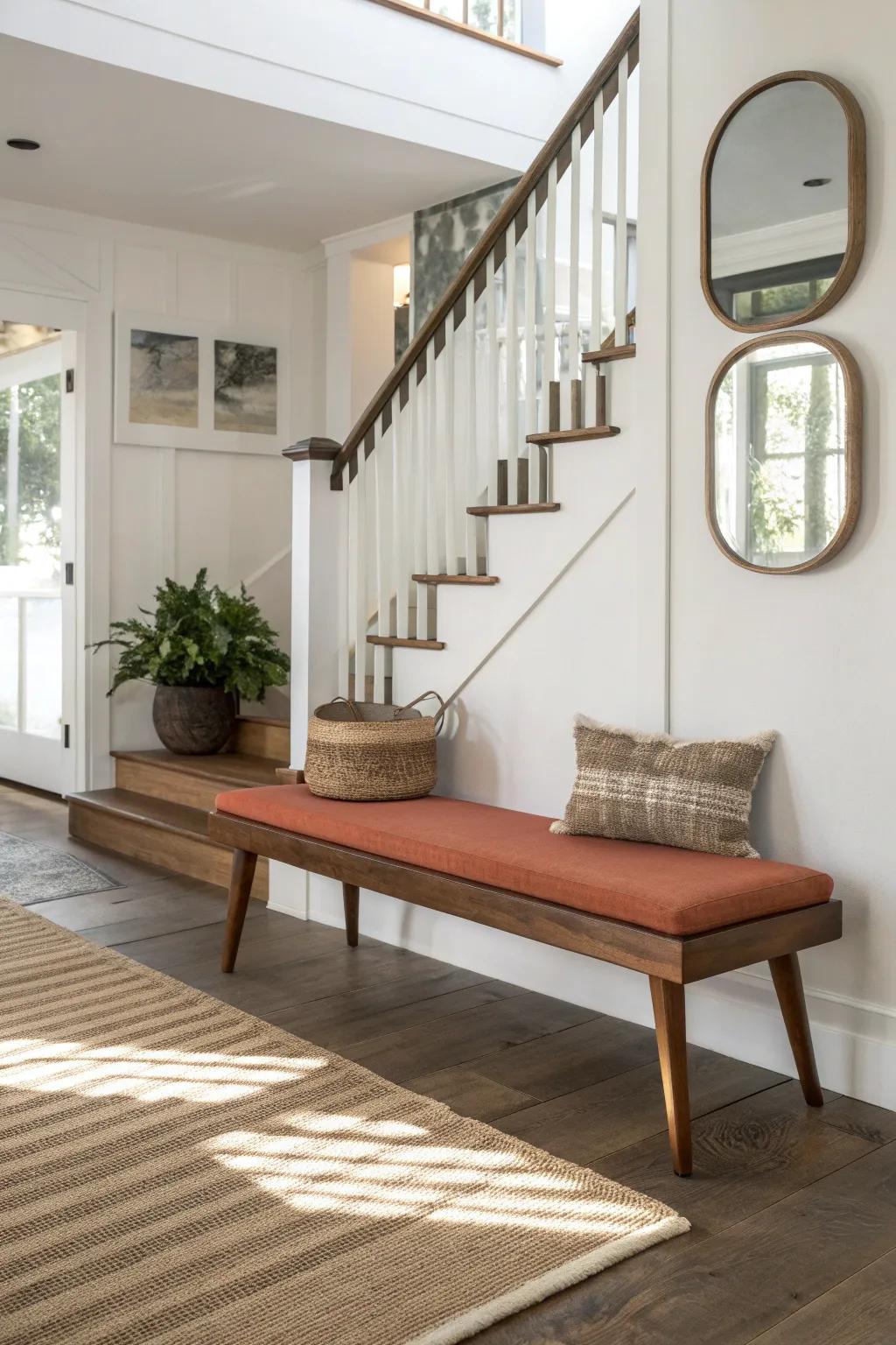 Make the landing a pause point: a sculptural walnut bench brings mid‑century calm to stairs.