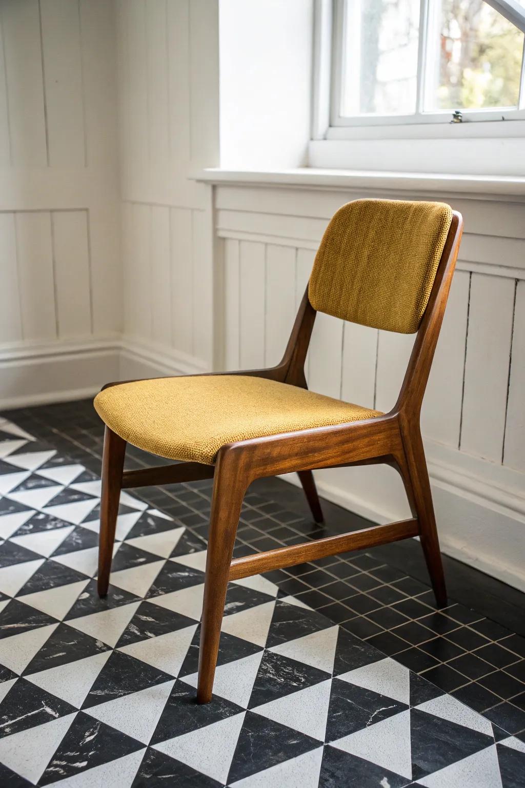 Graphic black-and-white checker tile meets warm teak—mid-century contrast that sharpens any kitchen.