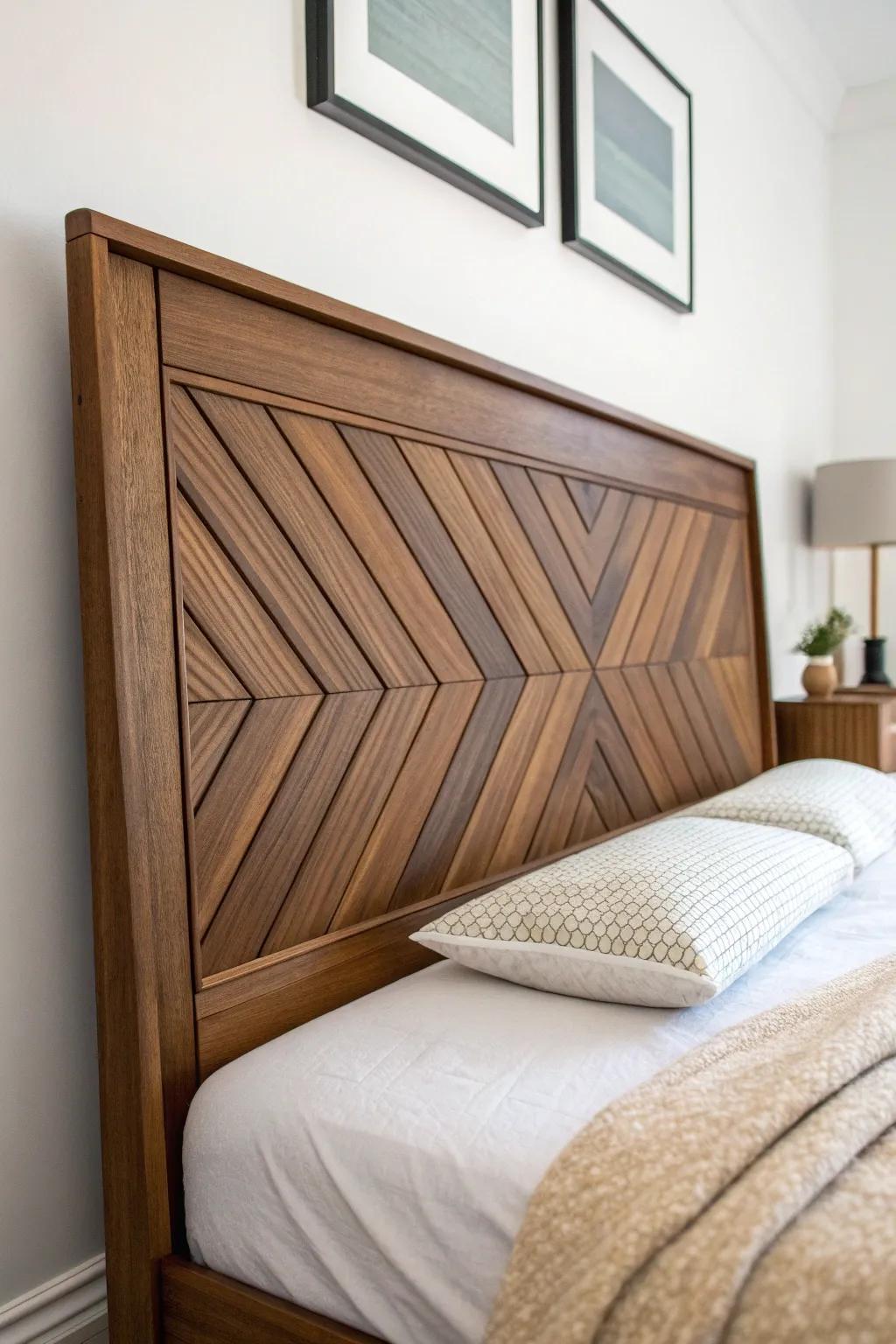Warm walnut headboard with sleek dark resin inlay stripes—mid‑century geometry, modern wow.