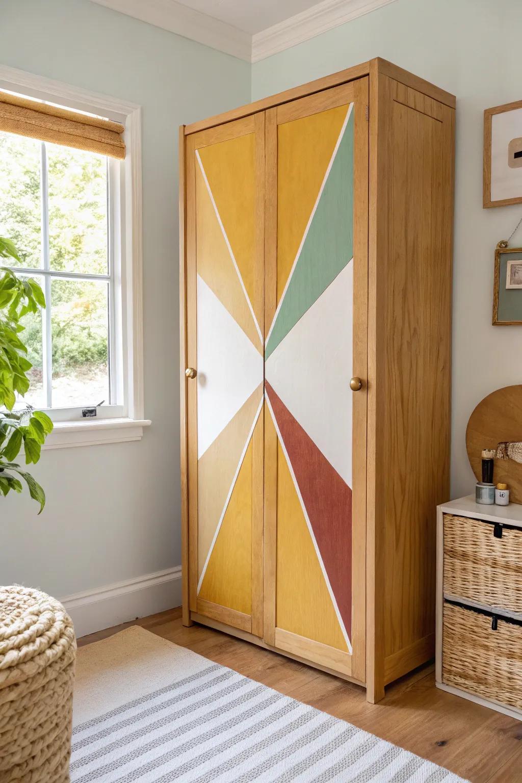 Color-blocked closet front in oak and mid-century tones—an easy DIY that transforms a nursery.