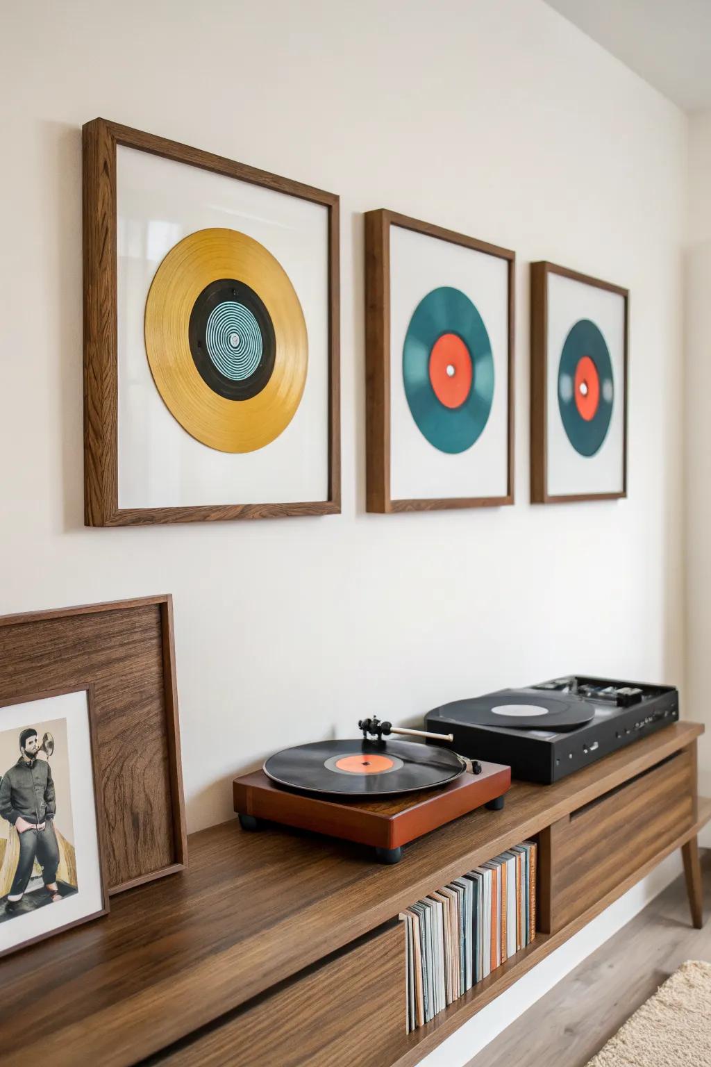 Frame favorite record sleeves into a chic mid-century wall collage—bold color, warm wood, clean lines.