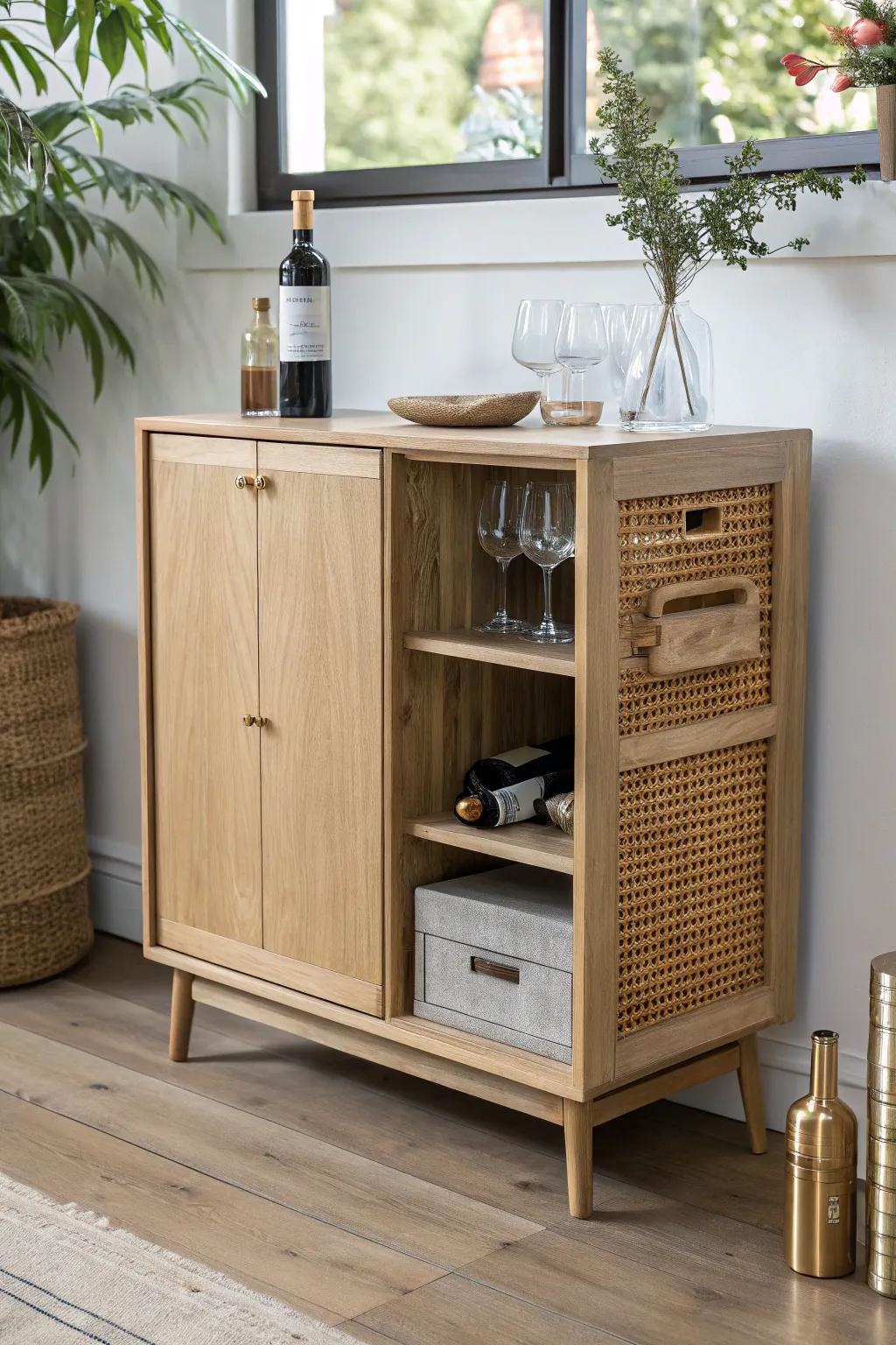 Sleek mini bar cabinet with a hidden roll-out butcher-block surface—extra prep space, zero clutter.