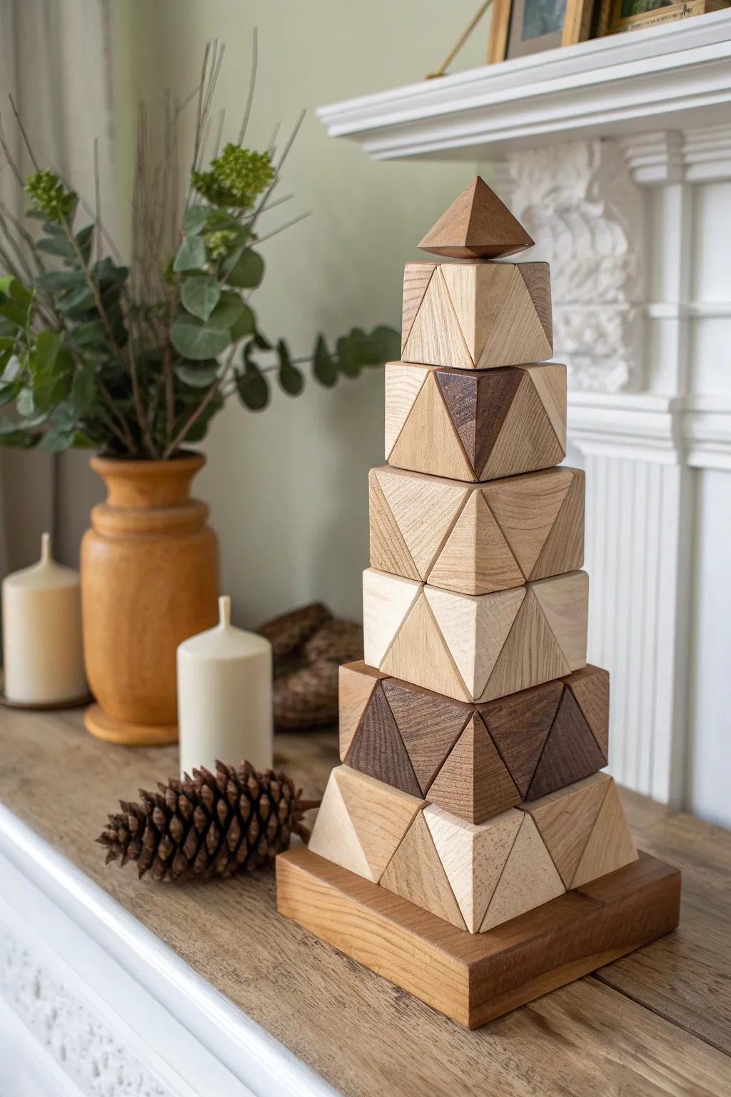 Stacked wood offcuts, sanded smooth and limewashed—an easy, gallery-like mantel statement.