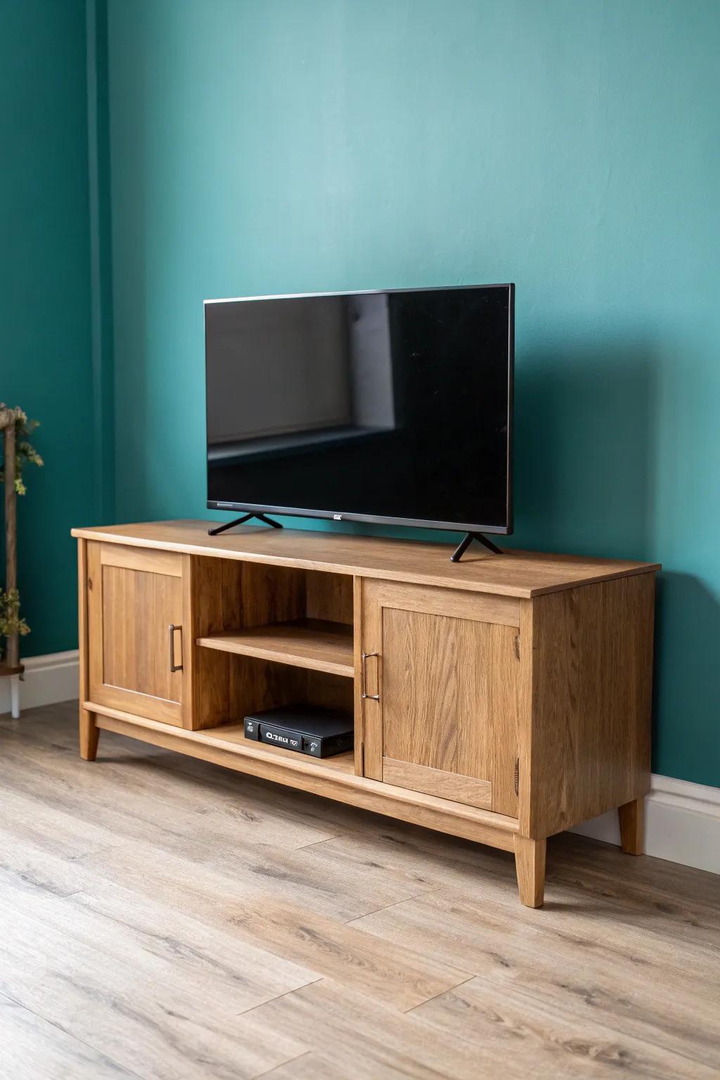 Sculptural frame console with two hidden compartments and a bold void—airy minimalist TV stand.