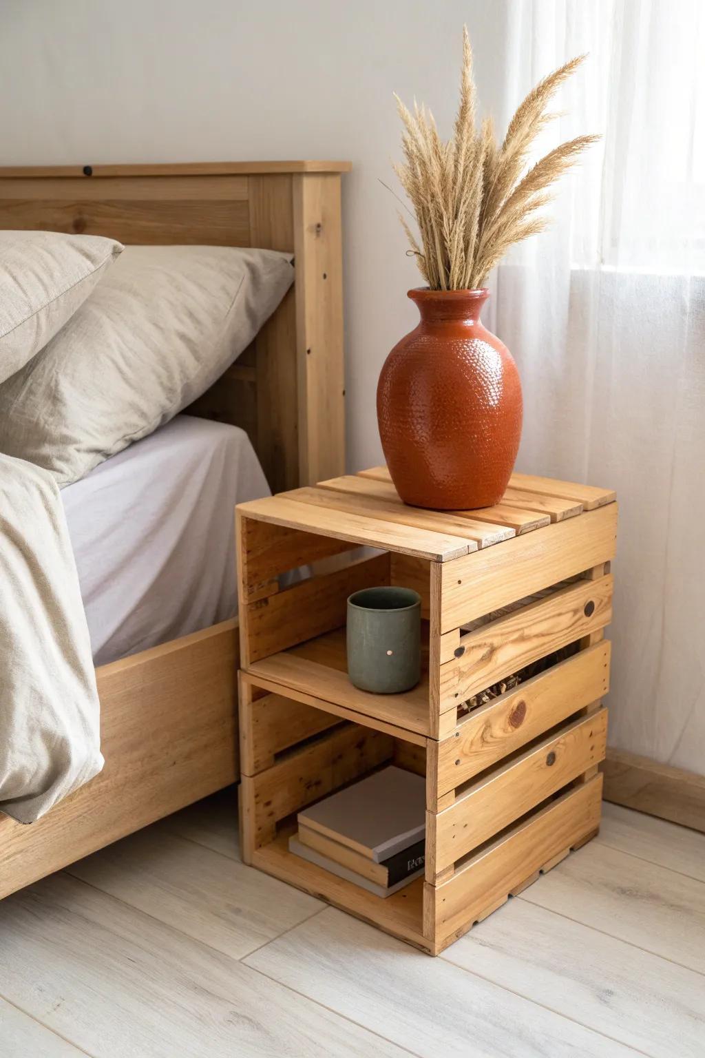 Stacked wooden crates become a chic cubby nightstand—intentional, warm, and perfectly mismatched.
