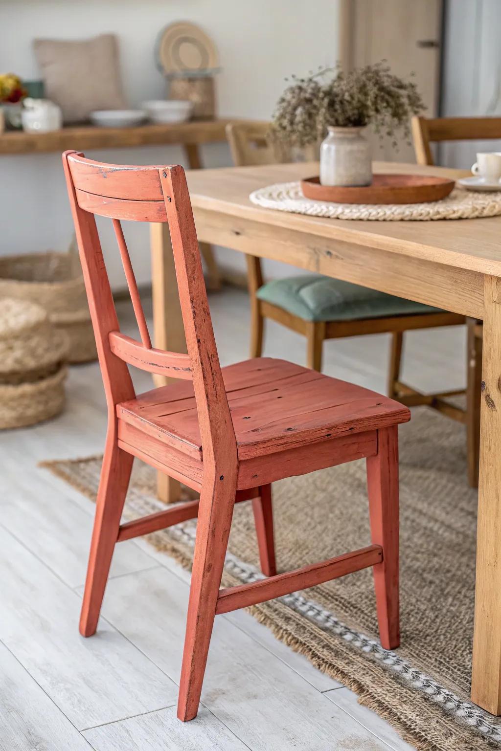 One bold painted chair turns a neutral dining set into a styled, mix‑and‑match moment.