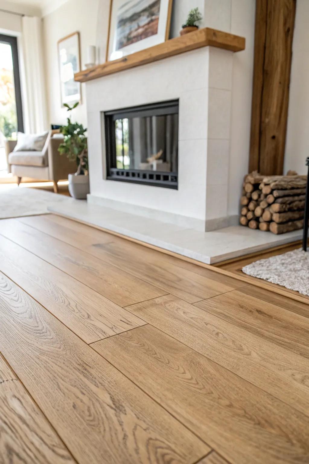Switch plank direction at the hearth—add a contrasting band to anchor the fireplace.