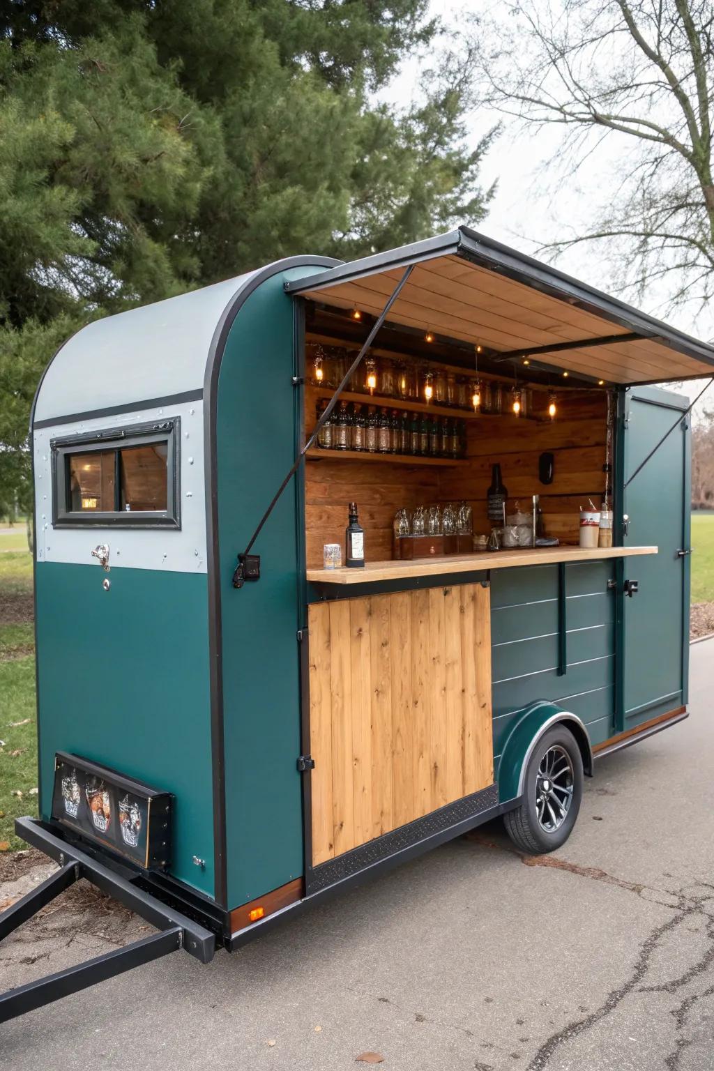 Fold-up trailer window bar with reclaimed wood shelves—Scandi minimal meets boho color pop.