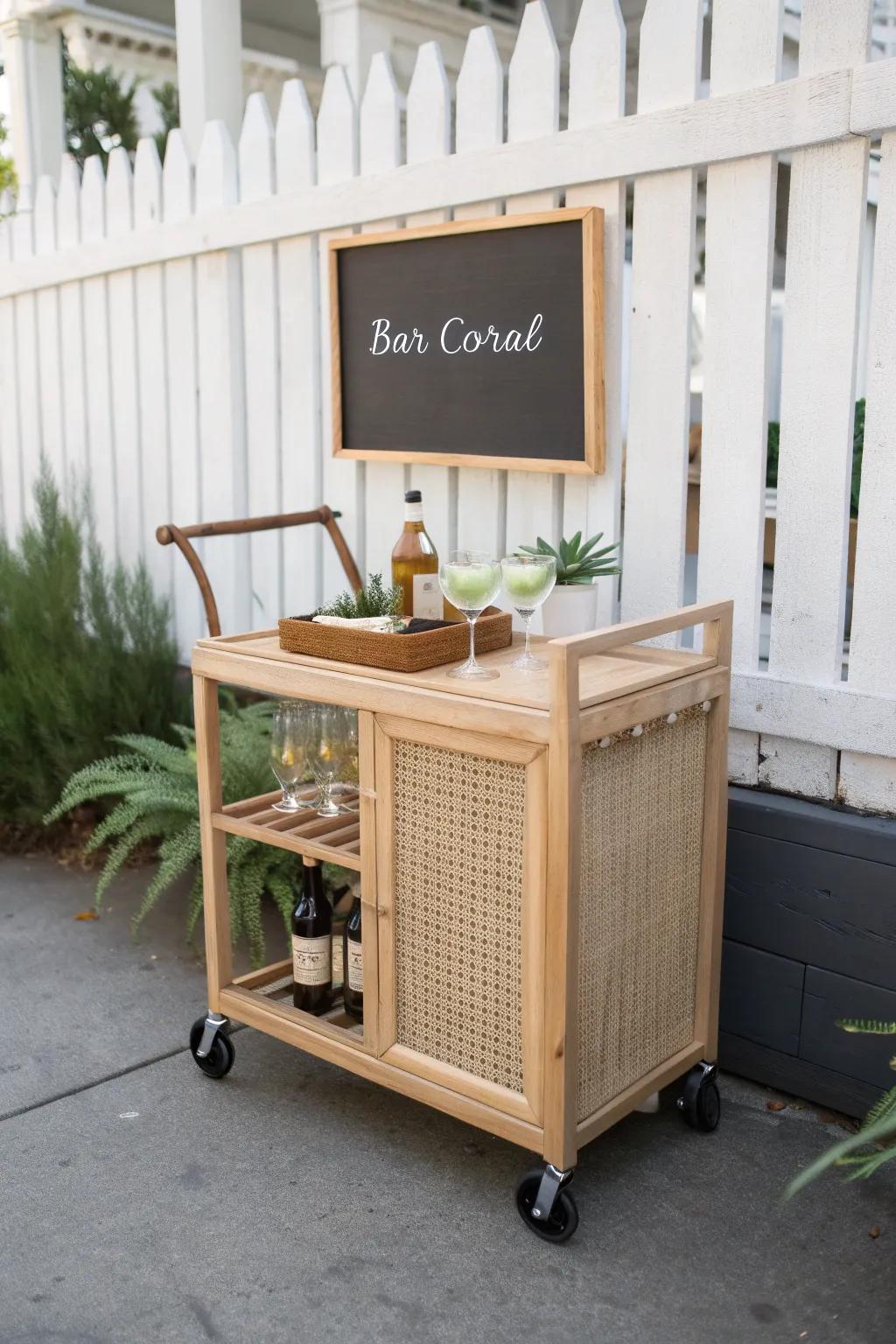 A picket-fence “bar corral” mobile cart that turns your yard into an instant cocktail event.