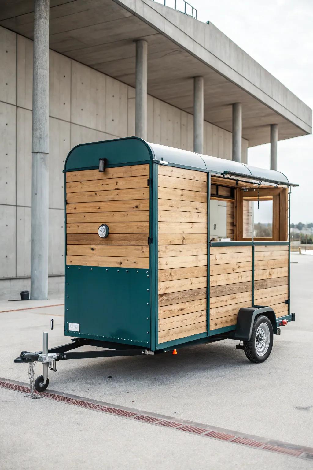 Upcycled pallet-wood siding turns a bar trailer into a rustic showpiece with modern contrast.