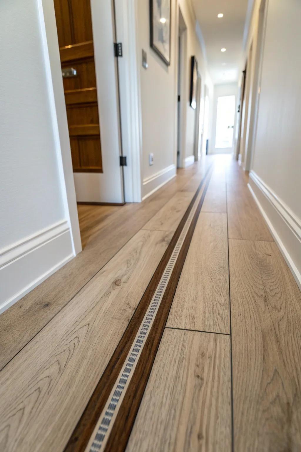 A slim walnut inlay stripe turns a mobile-home hallway into a runway-worthy statement.