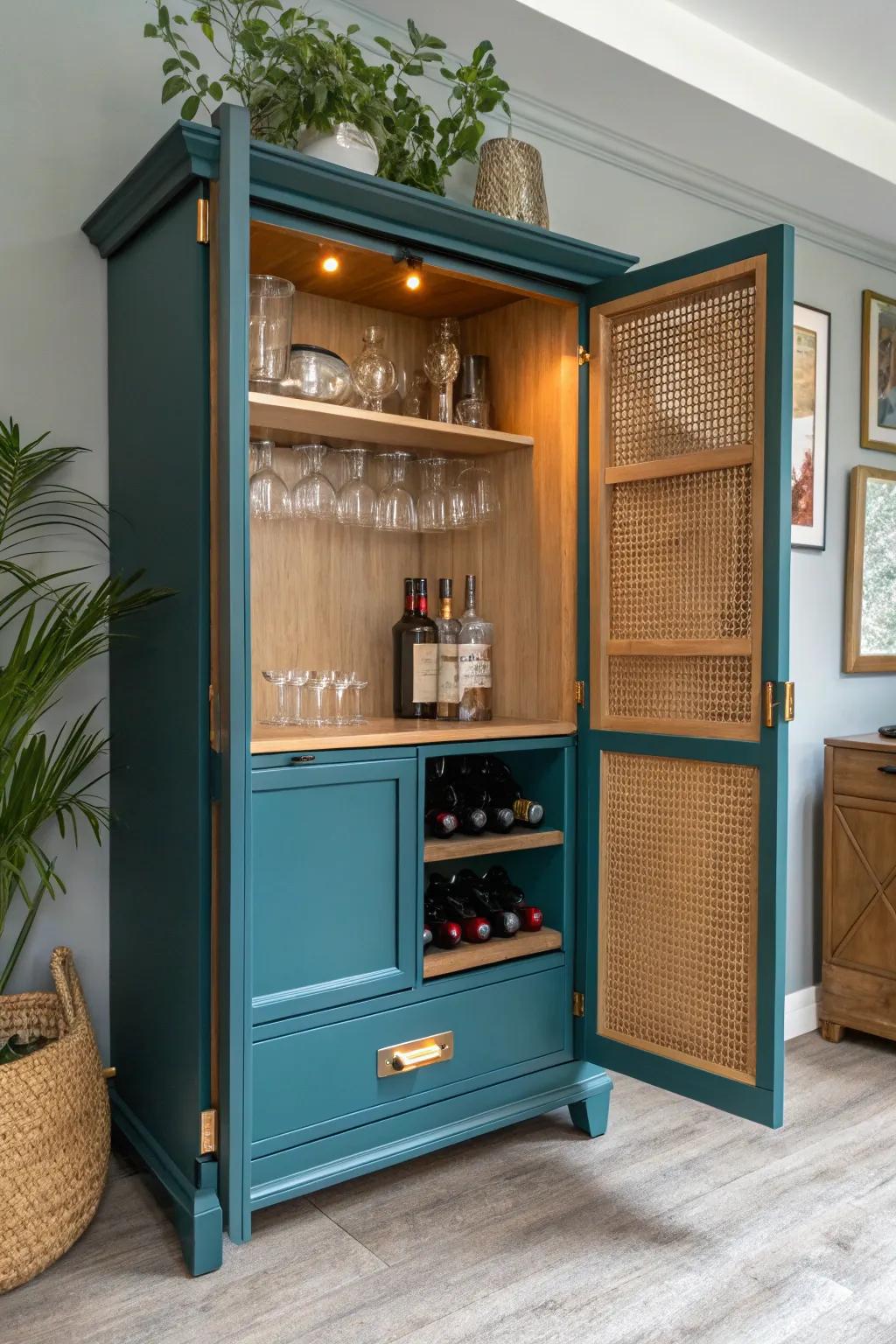Upcycled armoire bar cabinet: moody teal interior, brass details, modern storage glow.