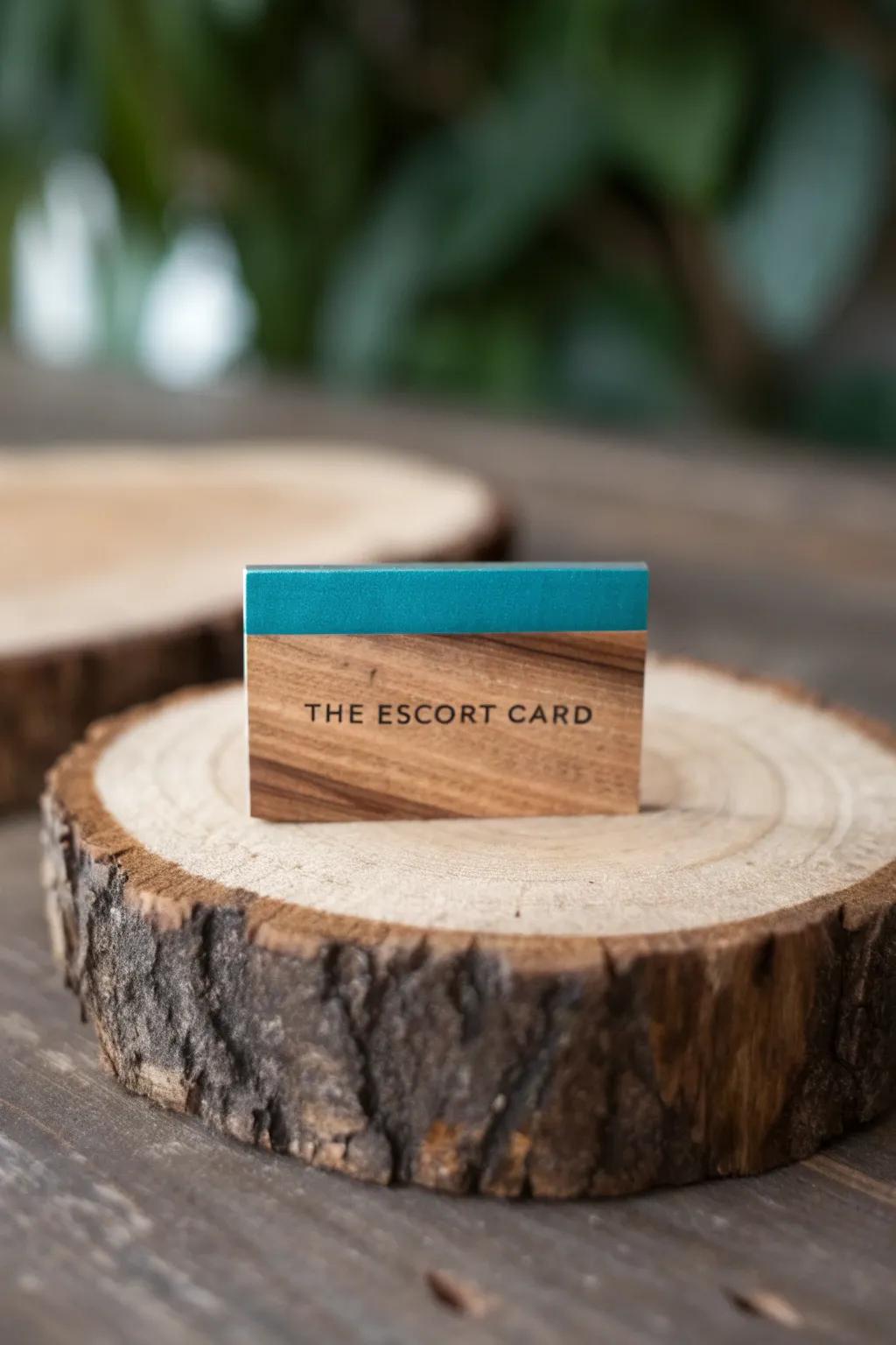 Walnut offcut escort card with a sleek teal resin inlay—modern barn charm in one detail.