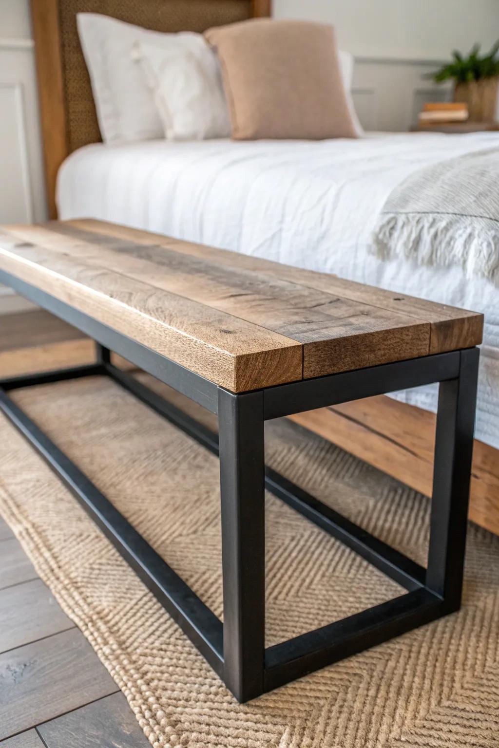 Warm reclaimed wood on a slim black metal base—minimal, modern, handcrafted, and bedroom-ready.