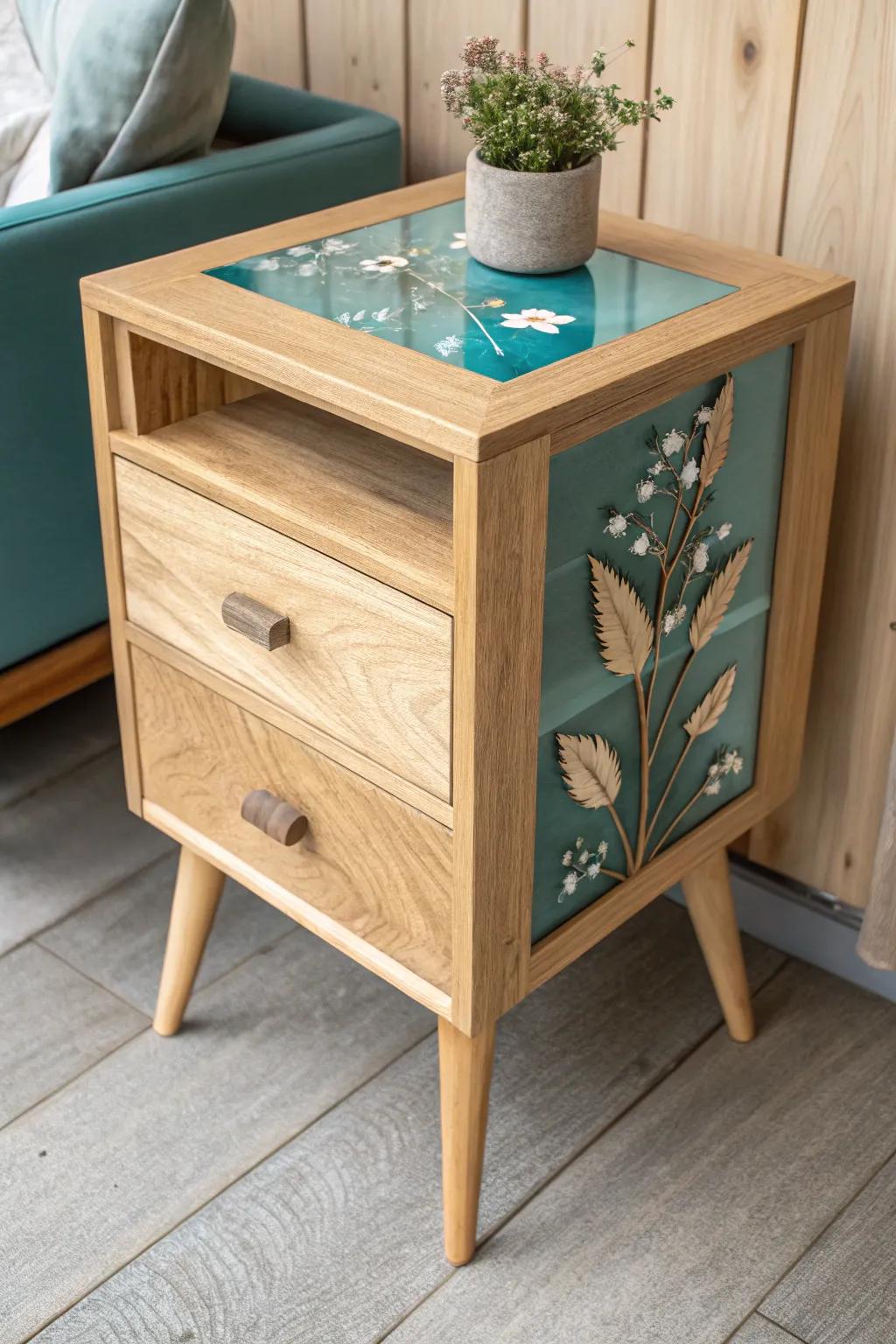 A minimalist oak nightstand with a teal resin inlay, preserving dried botanicals in calm boho style.