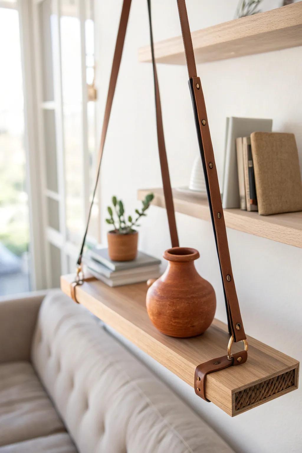 Cognac leather strap hardware adds a modern handmade edge to warm brown living rooms.