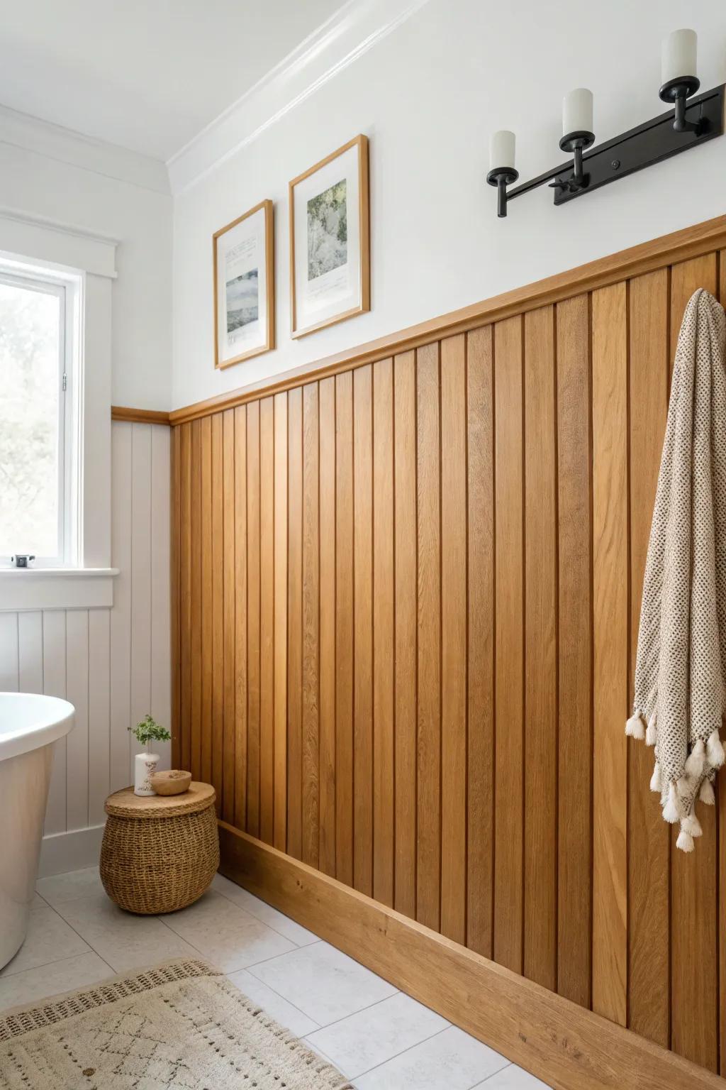 Modern cedar wainscoting adds warmth and texture—balanced by smooth, calm walls above.