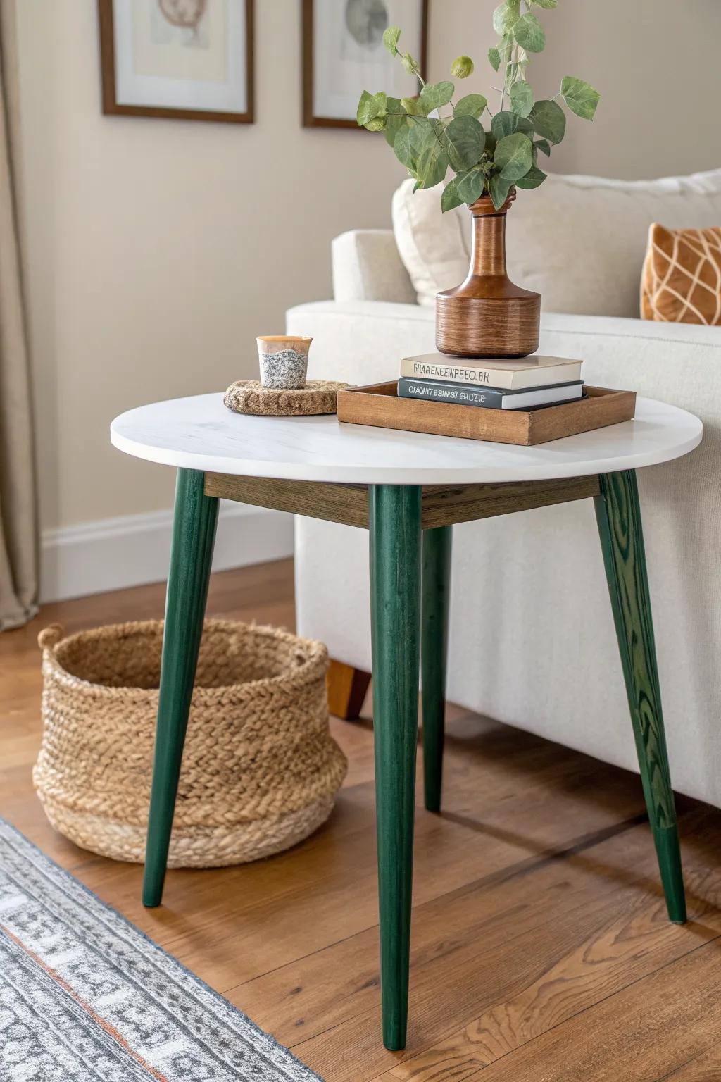 Two-tone thrifted table: bold painted base, natural wood top—modern classic with history.