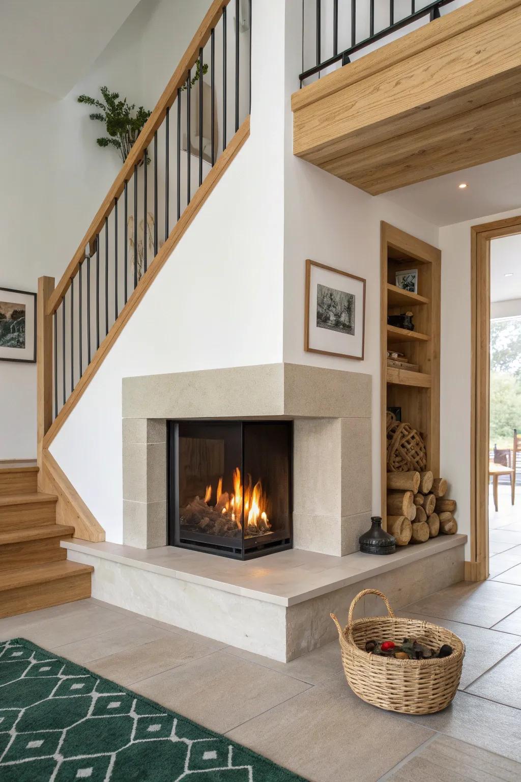 Tucked under the stairs: a warm wood corner fireplace—minimal, cozy, and unexpected.