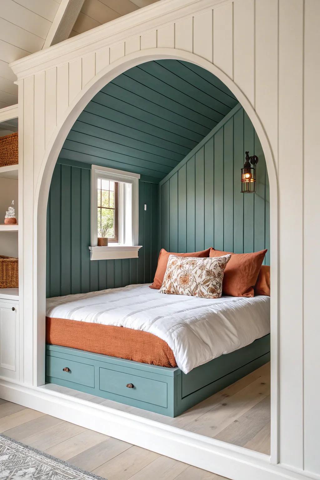 Clean-lined arched bed nook + painted paneling for modern cottage charm with bold contrast.