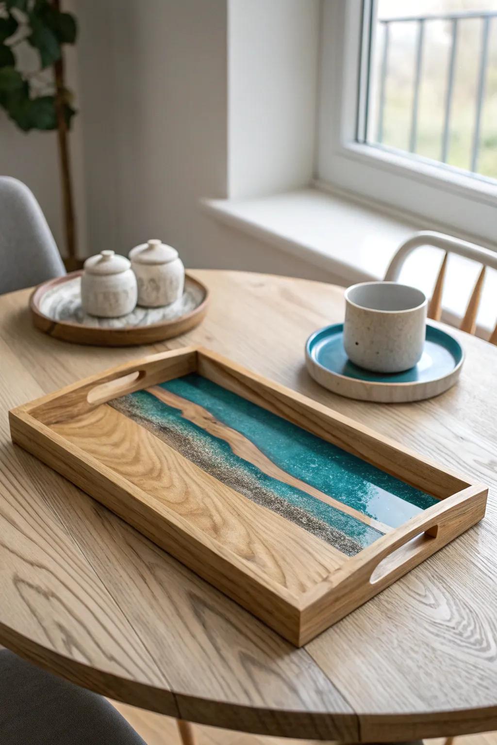 DIY resin-inlay tray: glossy teal meets raw oak for a bold modern dining table centerpiece.