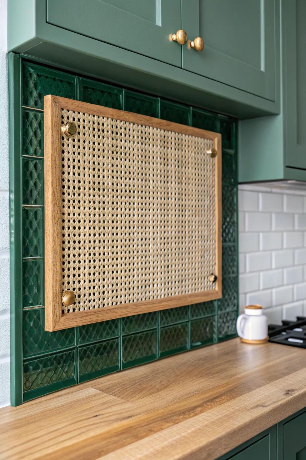 Woven cane warmth—sealed behind sleek glass for a wipeable modern farmhouse backsplash.