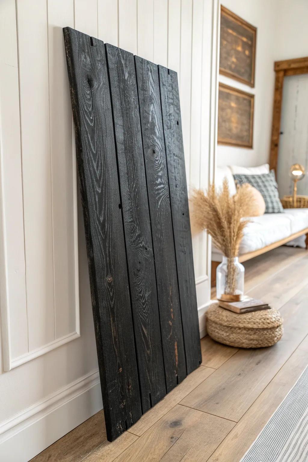 Charred wood texture meets creamy whites—modern farmhouse contrast with artisan warmth.