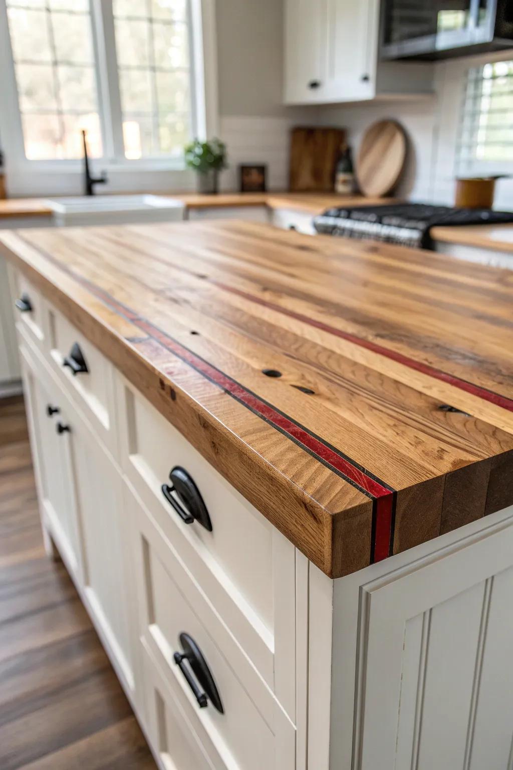Salvaged bowling alley wood brings bold stripes and history to a clean farmhouse kitchen.