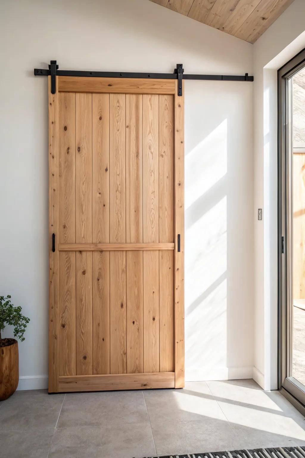 A sleek pine barn door with matte-black hardware—modern farmhouse warmth with clean, space-saving lines.