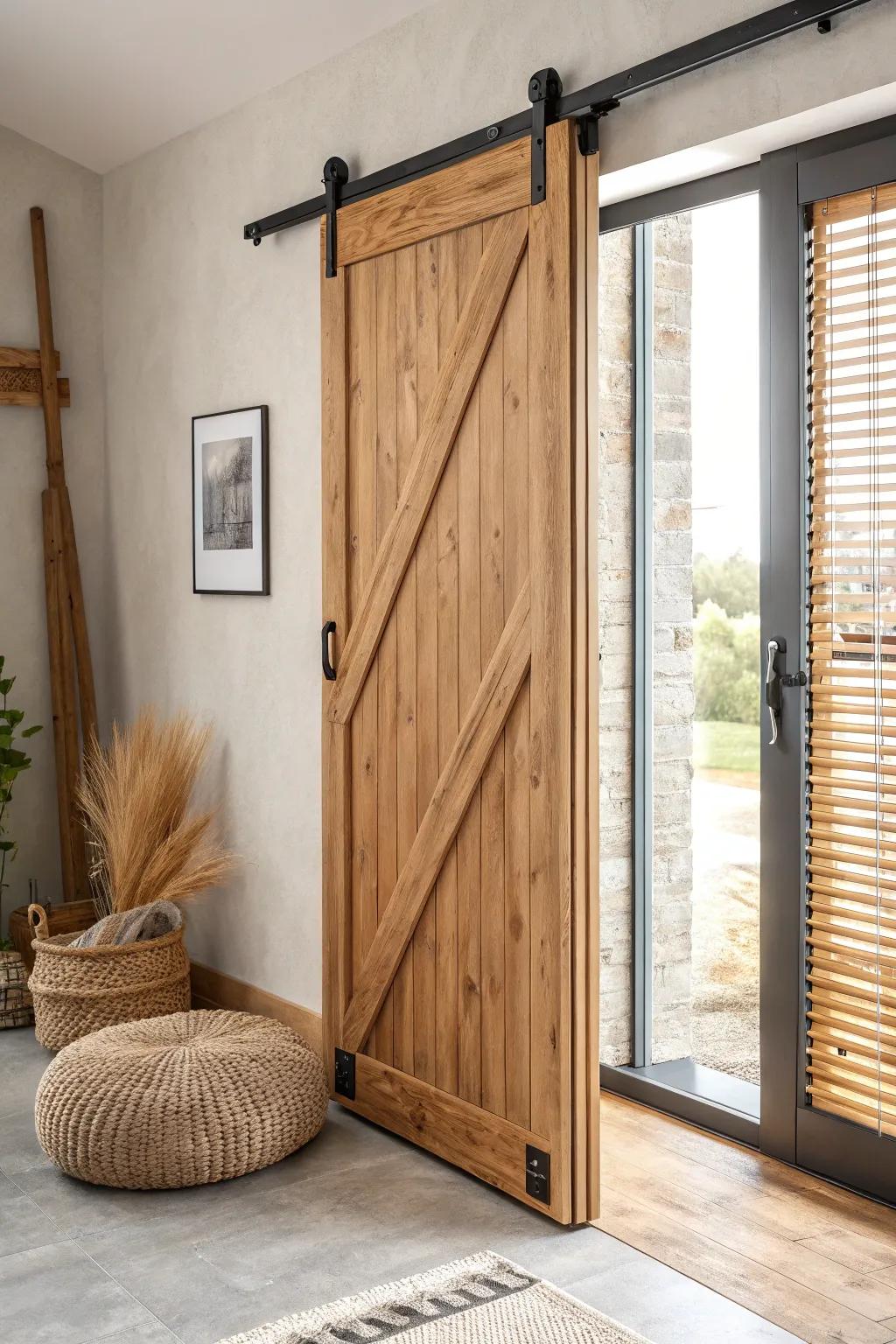 Sliding wood slat shutters on a black track—cabin warmth with a crisp, modern glide.