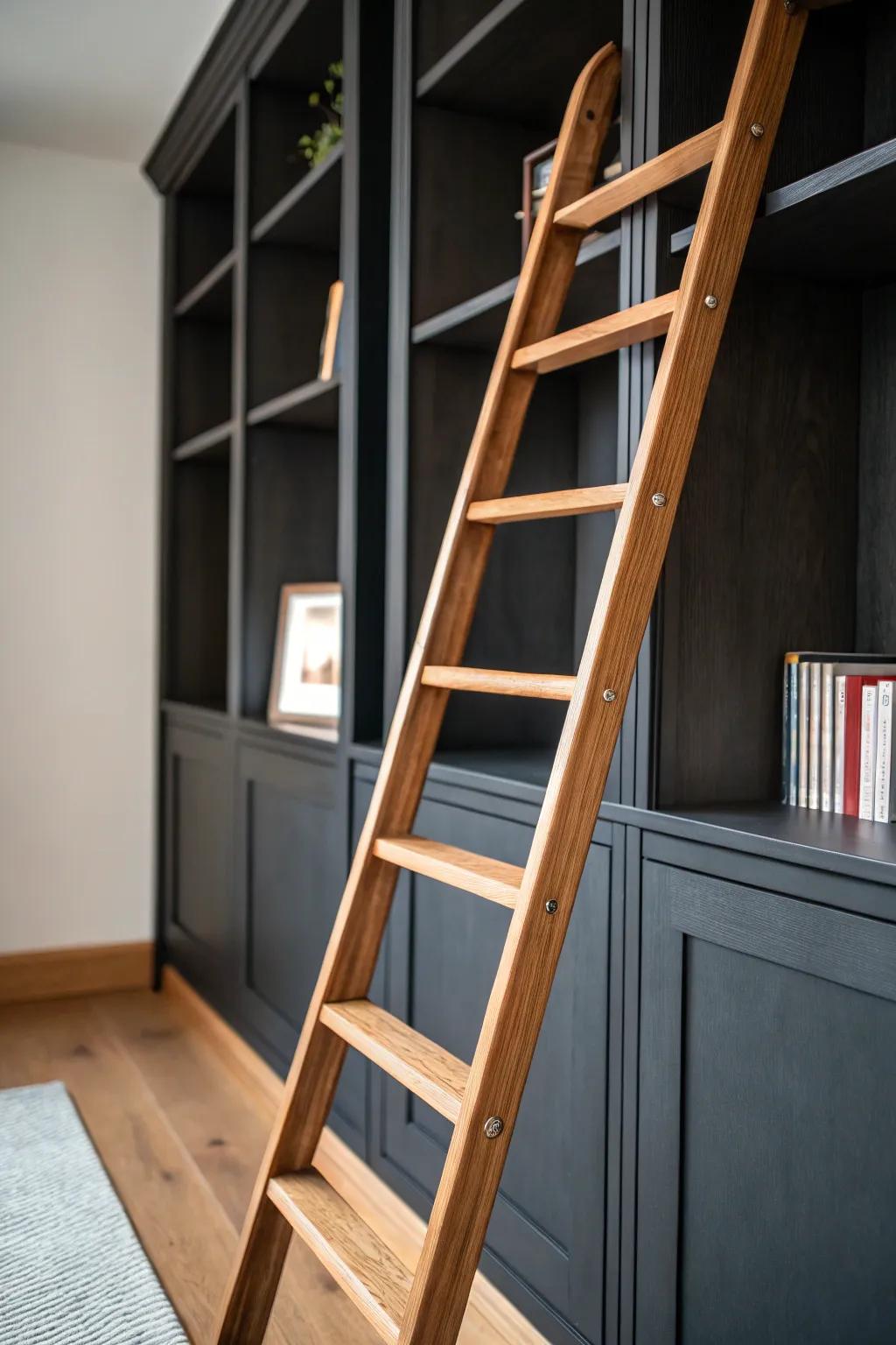 Moody charcoal shelves meet warm oak details—modern, cozy, and beautifully crafted.