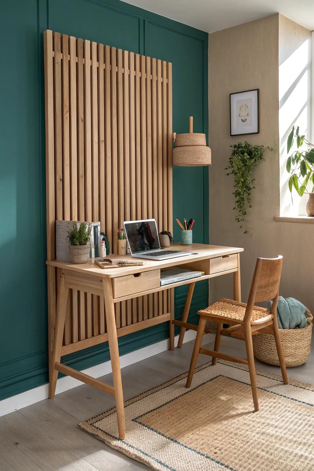 A calm “room within a room”: a sleek oak desk framed by a rhythmic slatted privacy screen.