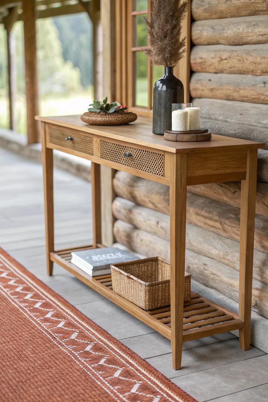 A slim oak console defines zones and keeps a clear walkway in an open-plan modern log cabin.