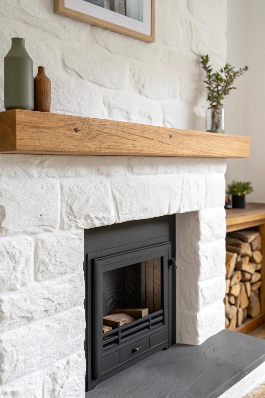 Sleek floating oak mantel with hidden storage—minimal, luxe, and beautifully clutter-free.