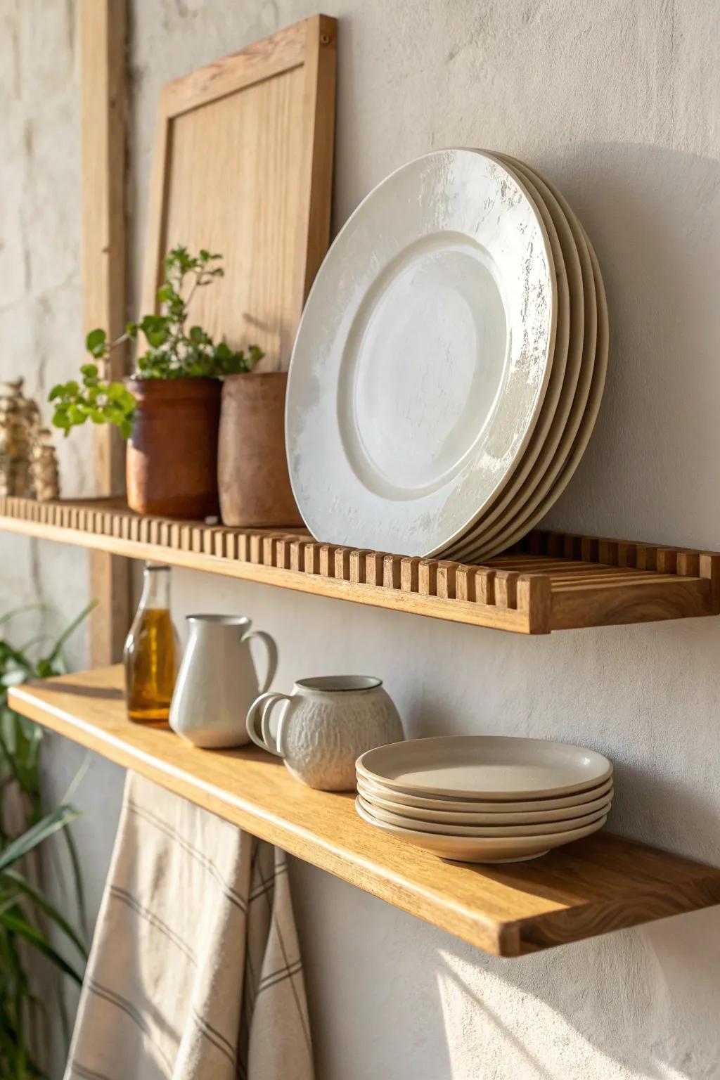 Plate grooves and a slim rail turn one open shelf into a modern dish gallery—tidy and safe.