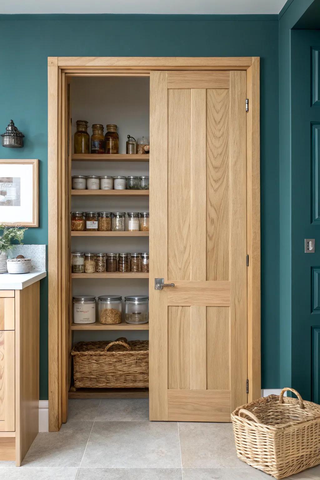 A modern pantry door with slim built-in racks keeps spices and wraps visible and organized.