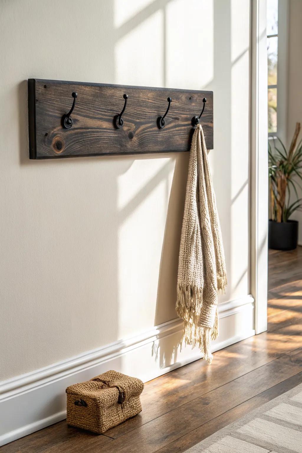 Charred wood hook board on light walls—moody contrast with clean Scandinavian calm.