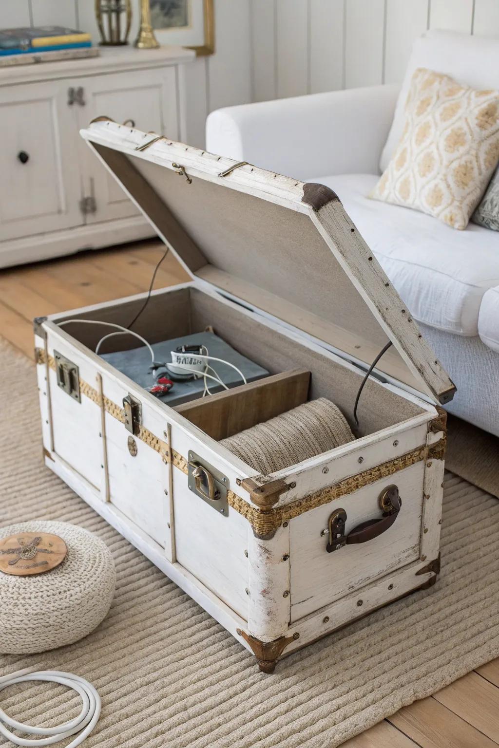 Vintage trunk table with a hidden charging station—shabby chic charm, zero cord chaos.