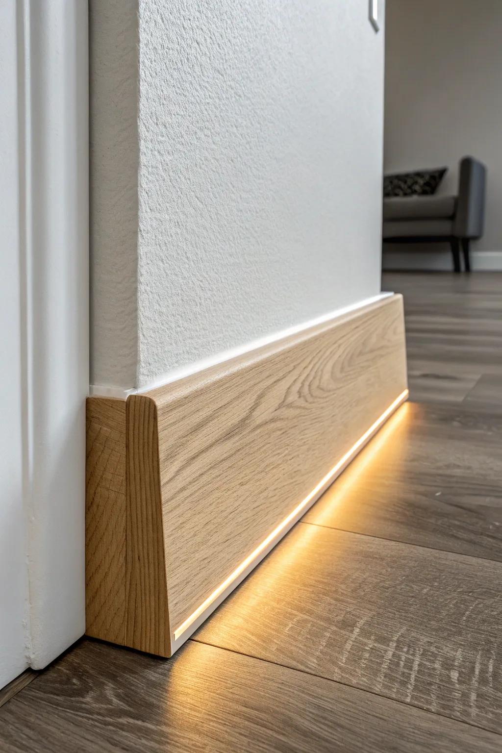 Modern LED-reveal trim: a floating oak baseboard glow that feels luxe and practical.