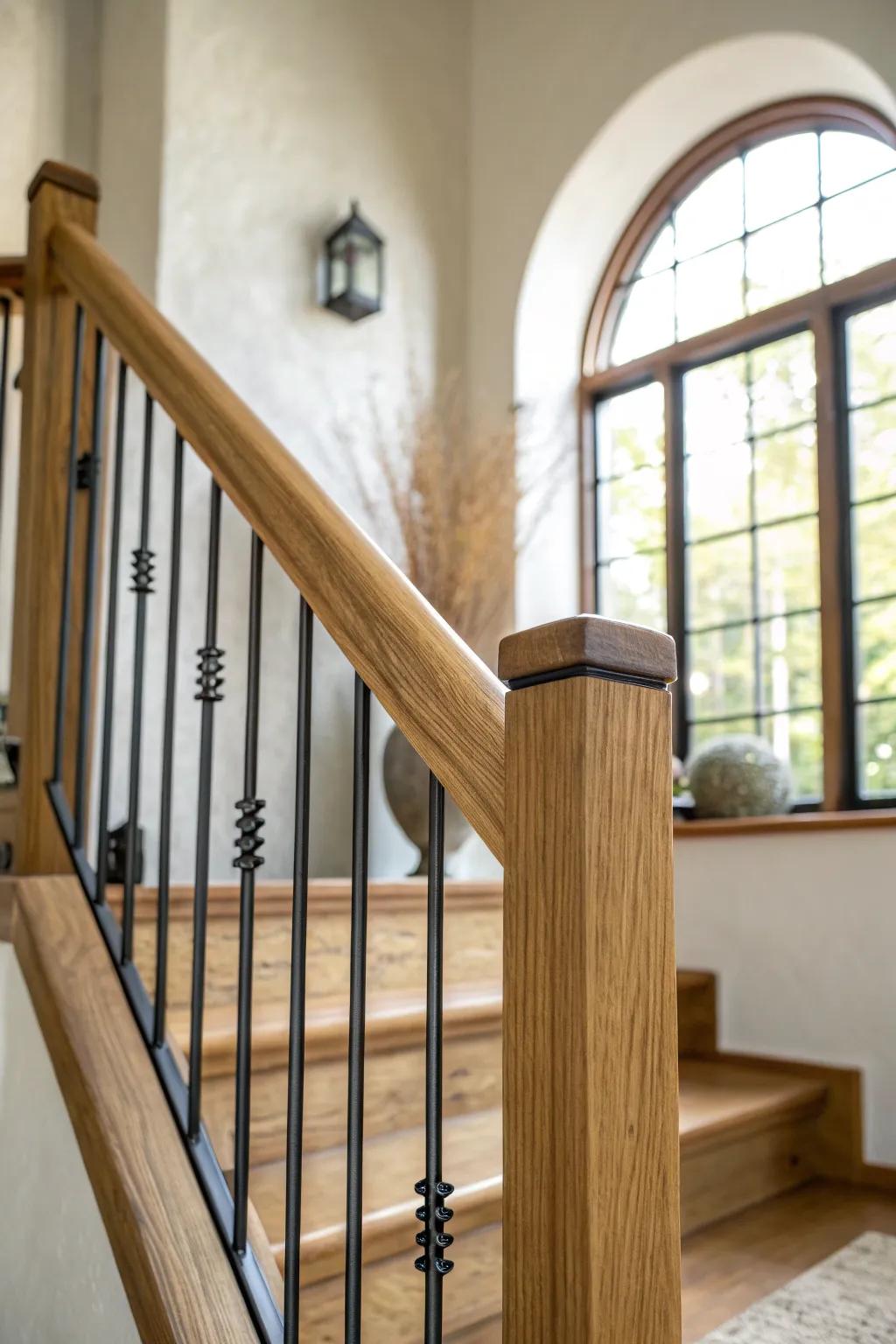 Warm oak + slim black balusters transform Tudor stairs into a crisp modern statement.